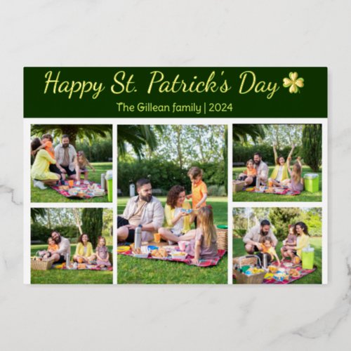 St patricks day Shamrocks family photo Collage  Foil Holiday Card