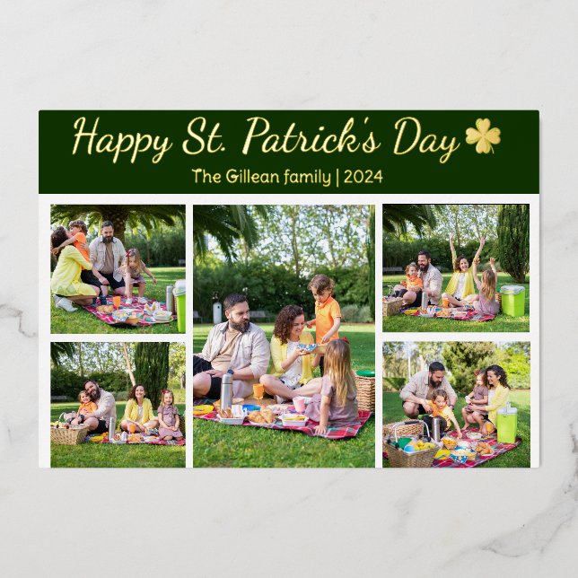 St. patrick's day Shamrocks family photo Collage  Foil Holiday Card (Front)