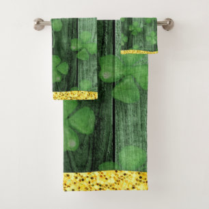 St. Patrick's Day Shamrocks Glitter Gold Drips Bath Towel Set