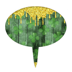 St. Patrick's Day Shamrocks Glitter Gold Drips Cake Topper