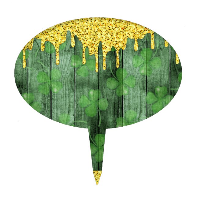 St. Patrick's Day Shamrocks Glitter Gold Drips Cake Topper (Front)