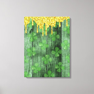 St. Patrick's Day Shamrocks Glitter Gold Drips Canvas Print