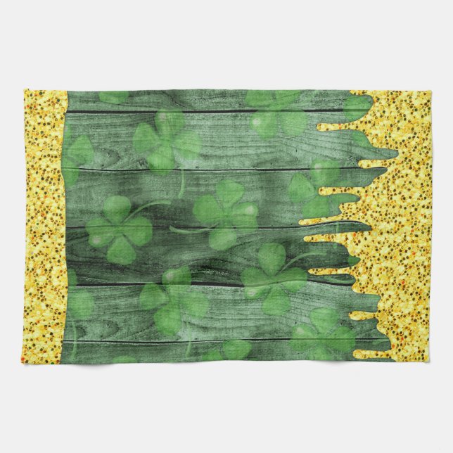 St. Patrick's Day Shamrocks Glitter Gold Drips  Kitchen Towel (Horizontal)