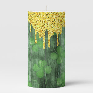 St. Patrick's Day Shamrocks Glitter Gold Drips Pillar Candle