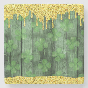St. Patrick's Day Shamrocks Glitter Gold Drips Stone Coaster