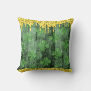 St. Patrick's Day Shamrocks Glitter Gold Drips Throw Pillow