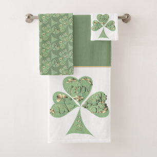 St. Patrick's Day Shamrocks White Grey Green Bath Towel Set