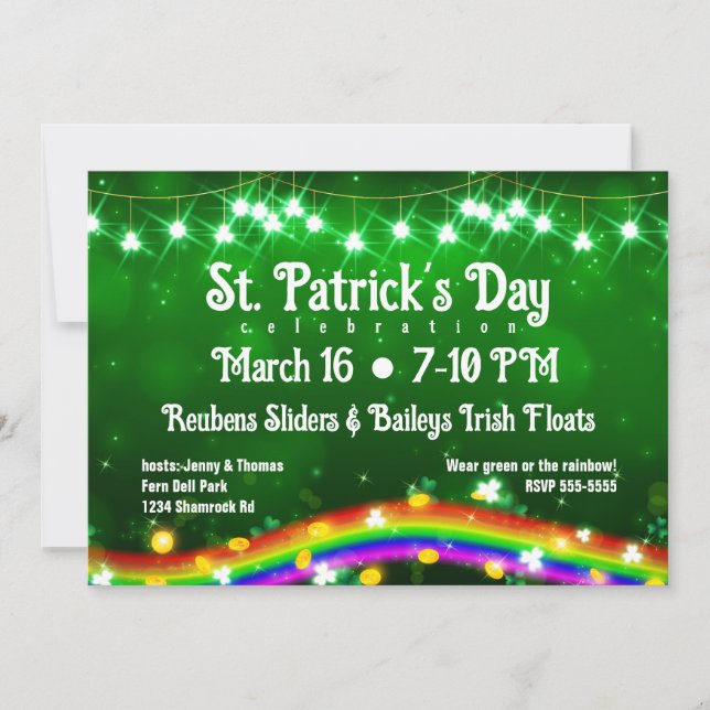 St. Patrick's Day Shiny Rainbow, Gold, Shamrocks Invitation (Front)