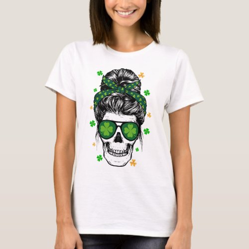 St Patricks Day Skull Messy Bun Saint Pattys Paddy T_Shirt