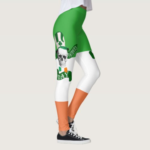 St Patricks day skull on Irish flag Leggings