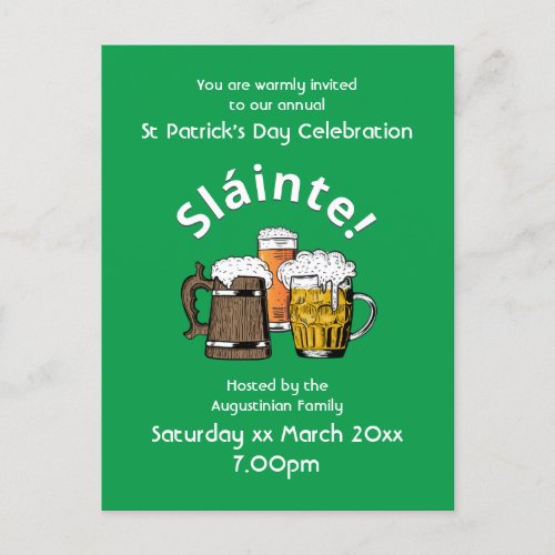 St Patricks Day Slinte Cheers  Beers Party Invitation Postcard