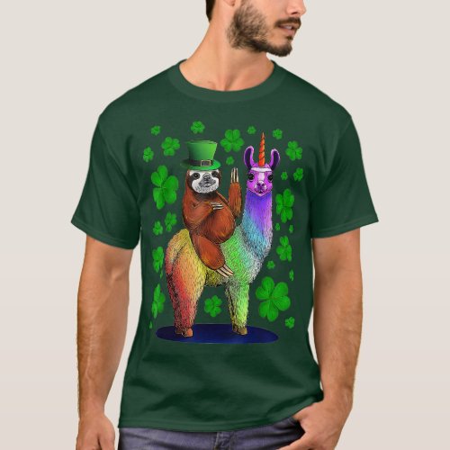 St Patricks Day Sloth Riding Llama Leprechaun Hat  T_Shirt