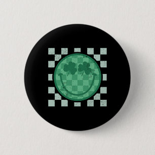 St Patricks Day Smile Shamrock Face Retro Groovy Button