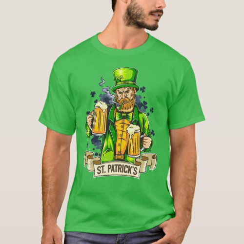 St Patricks Day Smoking Beard Man Holding Beer T_Shirt