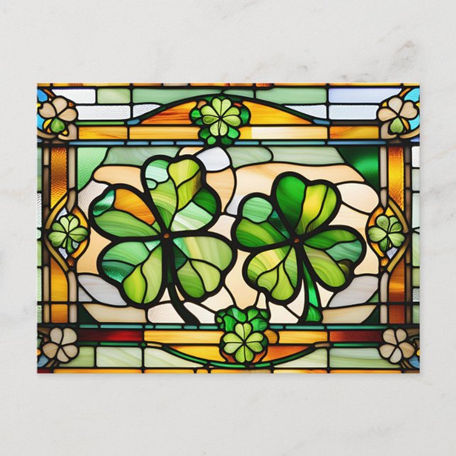 St. Patrick's Day Stained Glass Lucky Clover Leaf Holiday Postcard (Front)