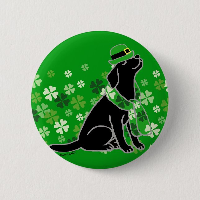 St. Patrick's Day Stylish Black Labrador Button (Front)