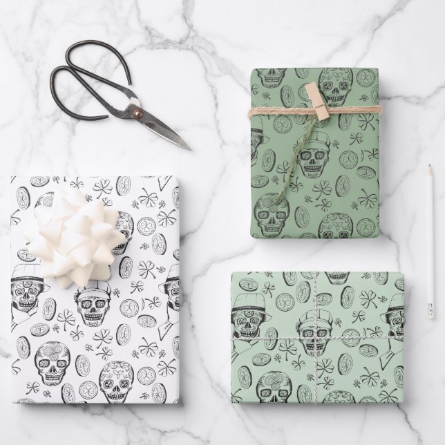 St Patricks Day Sugar Skull and Shamrock Green Wrapping Paper Sheets (Front)