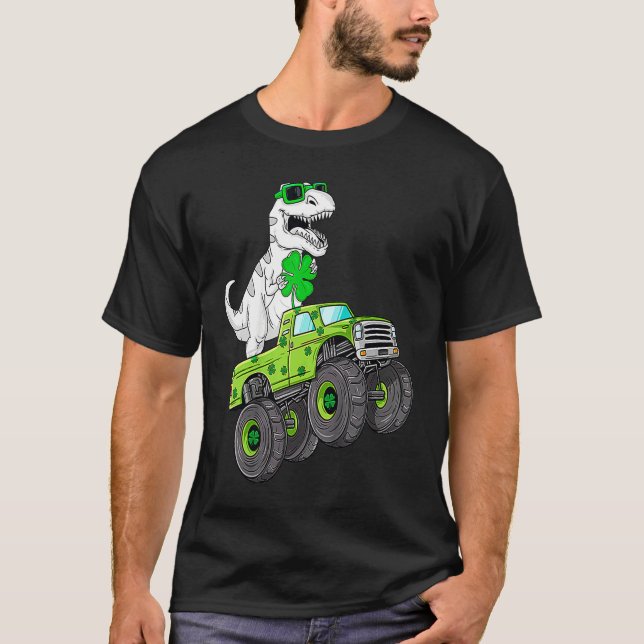 St Patricks Day T Rex Riding Monster Truck Dino To T-Shirt (Front)