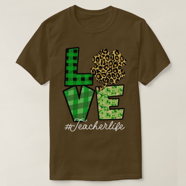 St Patricks Day Teacher Love Leopard Shamrock Luck T-Shirt (Design Front)