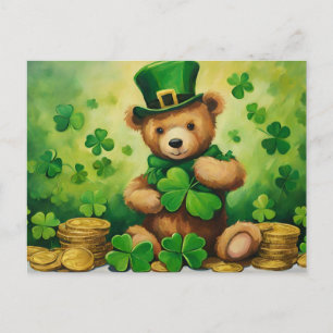 St. Patrick's Day Teddy Bear with Shamrock, Coins  Holiday Postcard