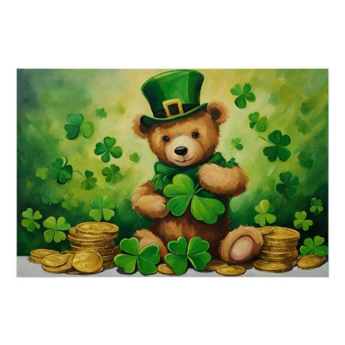 St Patricks Day Teddy Bear with Shamrock Coins  Poster