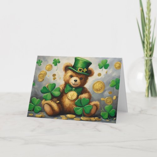 StPatricks Day Teddy with Shamrock and Gold Coin Holiday Card