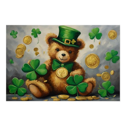 StPatricks Day Teddy with Shamrock and Gold Coin Poster