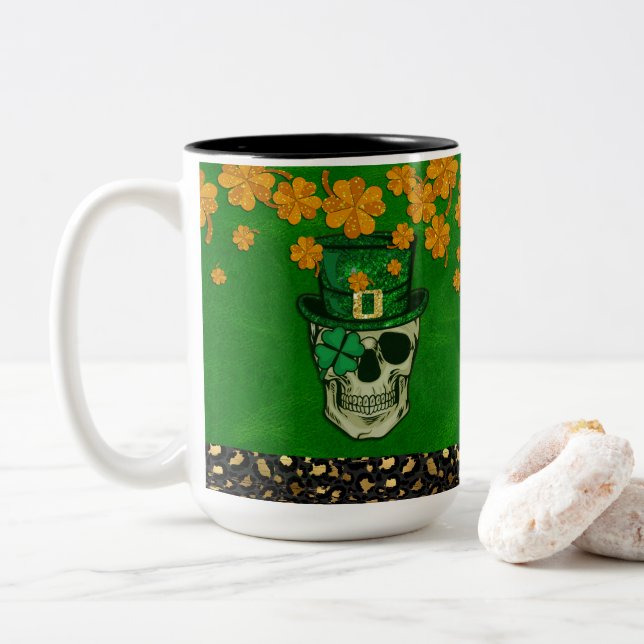 St. Patrick's Day Theme with Skull and Shamrock Two-Tone Coffee Mug (With Donut)