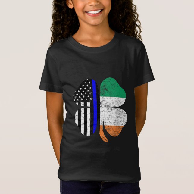 St Patricks Day Thin Blue Line American Irish Flag T-Shirt (Front)