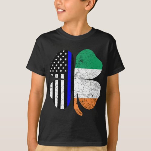St Patricks Day Thin Blue Line American Irish Flag T_Shirt