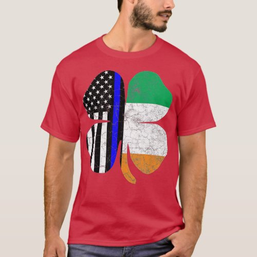 St Patricks Day Thin Blue Line American Irish Flag T_Shirt