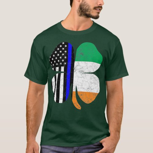 St Patricks Day Thin Blue Line American Irish Flag T_Shirt