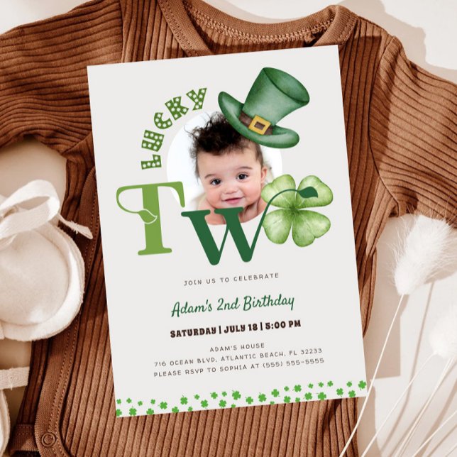St. Patrick's Day Two Lucky Shamrock 2nd Birthday Invitation (Creator Uploaded)