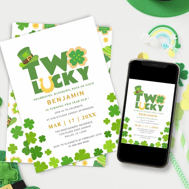 St. Patrick's Day Two Lucky Shamrocks 2nd Birthday Invitation (Creator Uploaded)