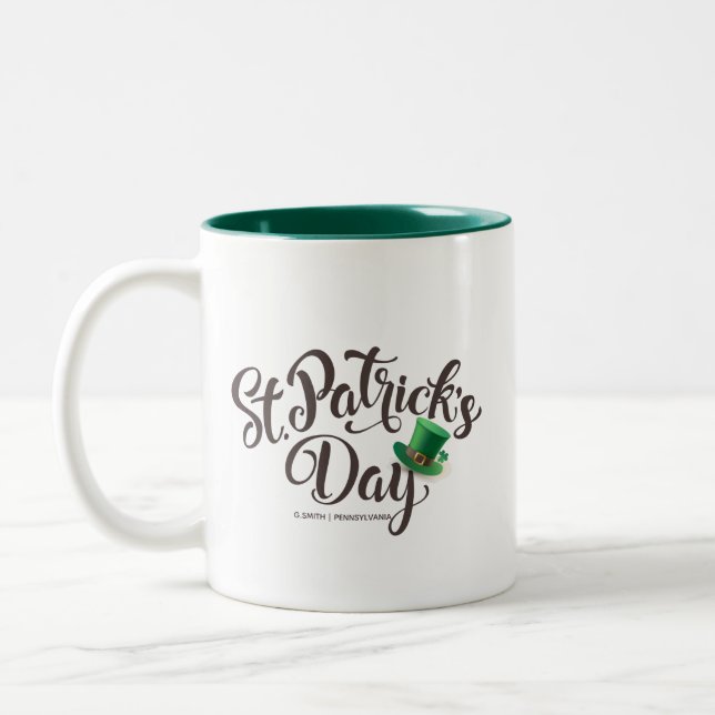 St. Patrick's Day Typography. Leprechaun Hat. Two-Tone Coffee Mug (Left)