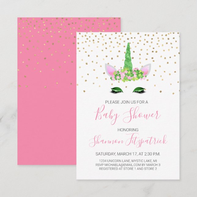 St. Patrick's Day Unicorn Girl's Pink Baby Shower Invitation (Front/Back)