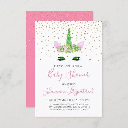 St Patricks Day Unicorn Girls Pink Baby Shower Invitation