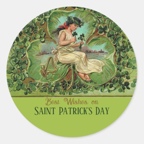 St Patricks Day Vintage Girl with Shamrocks  Classic Round Sticker