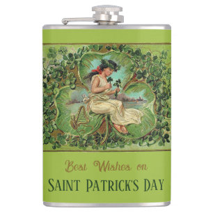 St. Patrick's Day Vintage Girl with Shamrocks Flask