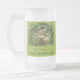 St. Patrick's Day Vintage Girl with Shamrocks Frosted Glass Beer Mug