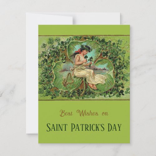 St Patricks Day Vintage Girl with Shamrocks  Holiday Card