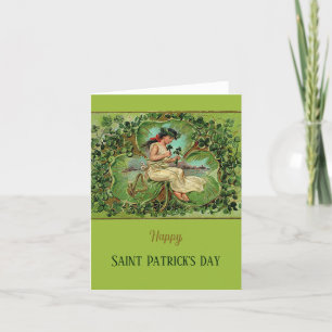 St. Patrick's Day Vintage Girl with Shamrocks Holiday Card