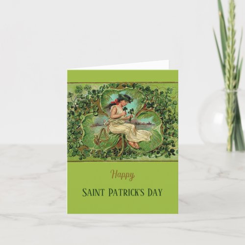St Patricks Day Vintage Girl with Shamrocks  Holiday Card