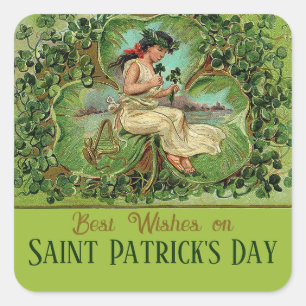 St. Patrick's Day Vintage Girl with Shamrocks  Square Sticker