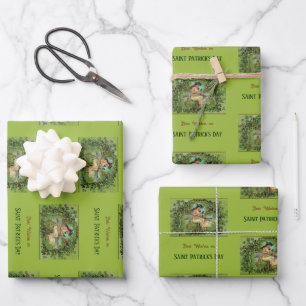 St. Patrick's Day Vintage Girl with Shamrocks Wrapping Paper Sheets