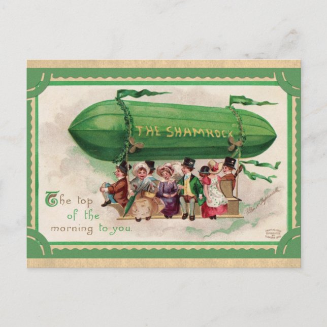 St Patricks Day Vintage Irish Shamrock Blimp Postcard (Front)
