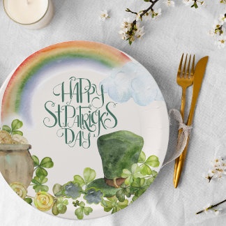 St Patricks Day | Watercolor Rainbow and Shamrock Paper Plates