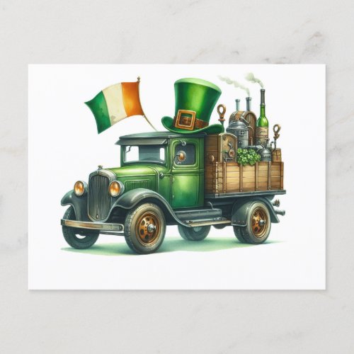 St Patricks Day Watercolor Truck Ireland Flag Postcard