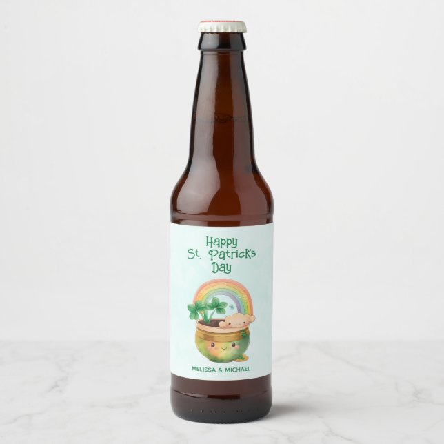 St. Patrick's Day Whimsical Rainbow & Clover Beer Bottle Label (Front)