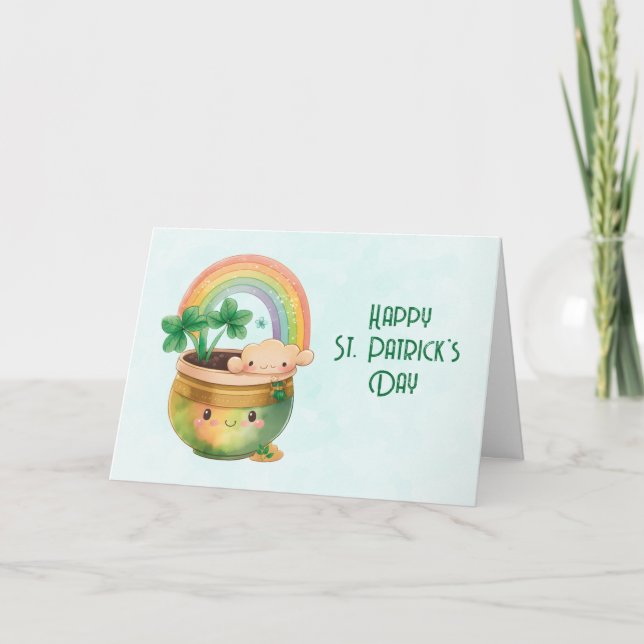 St. Patrick's Day Whimsical Rainbow & Clover Card (Front)